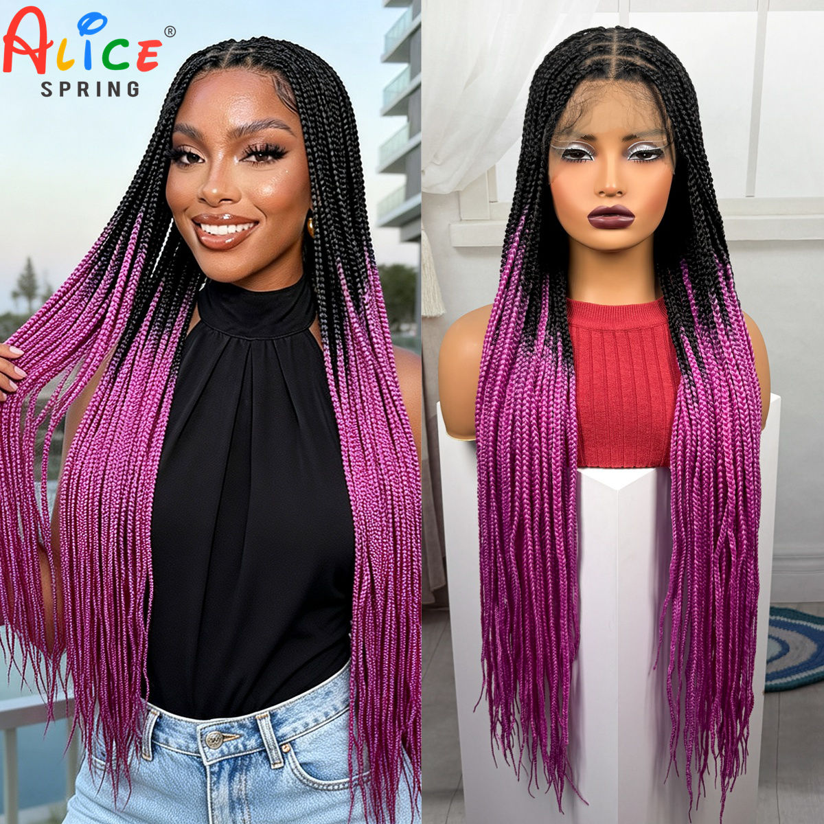 Synthetic Braided Wigs For Black Women - Parrucche Intrecciate Rosa Lunghe 36 Pollici,